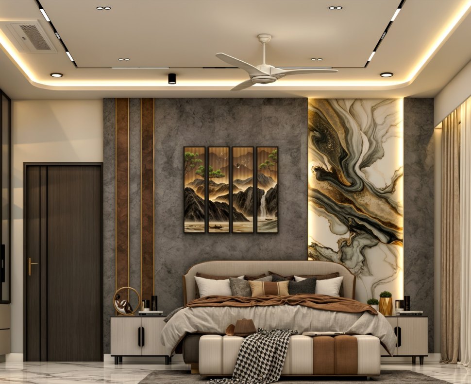 Warm layered bedroom interior at Rishi House